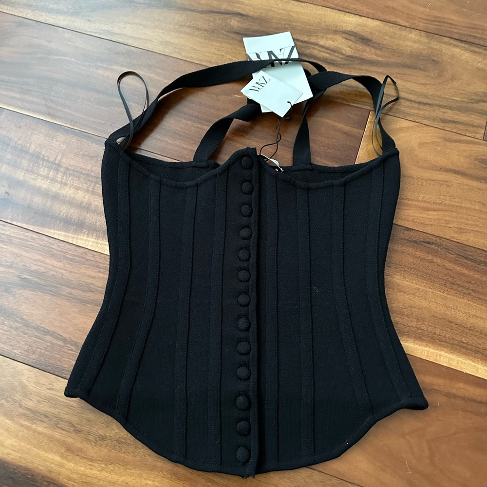 ZARA NEW WITH TAGS BLACK CROSS BACK KNIT CORSET TOP BUTTON FRONT SIZE XSMALL - Picture 10 of 11
